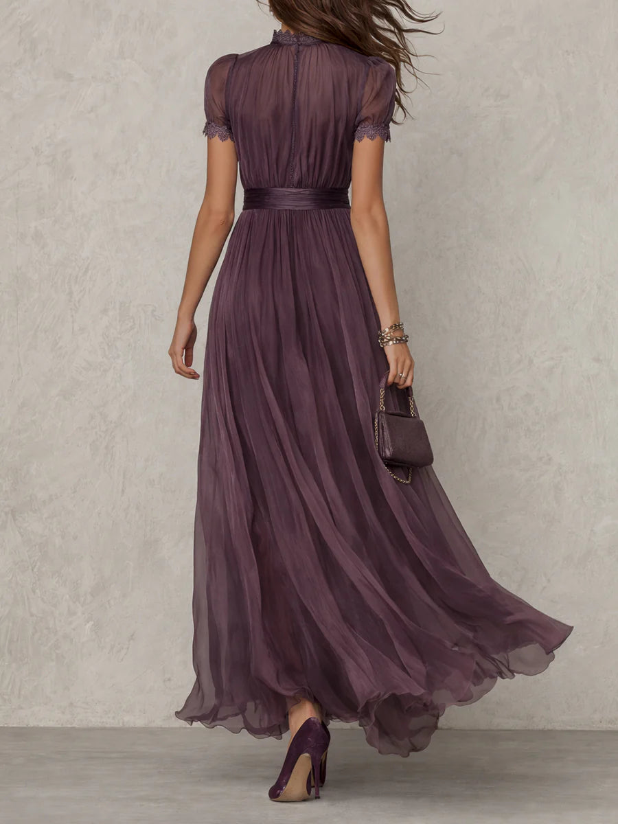 Maxi Chiffon Dress with Keyhole Neckline and Purple Lace Trim