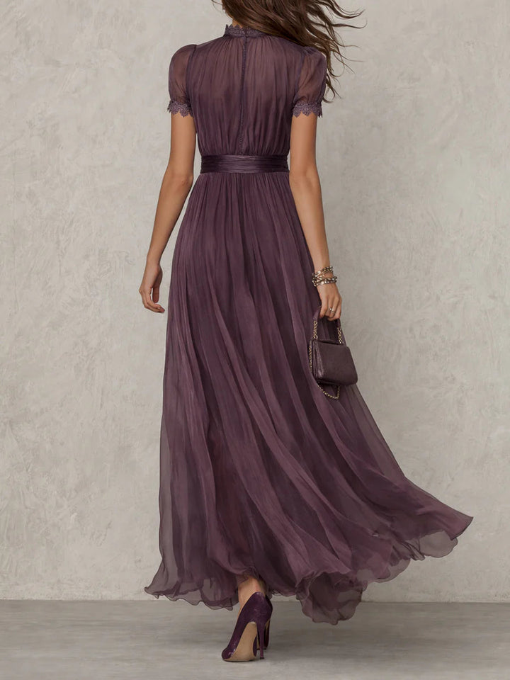 Maxi Chiffon Dress with Keyhole Neckline and Purple Lace Trim