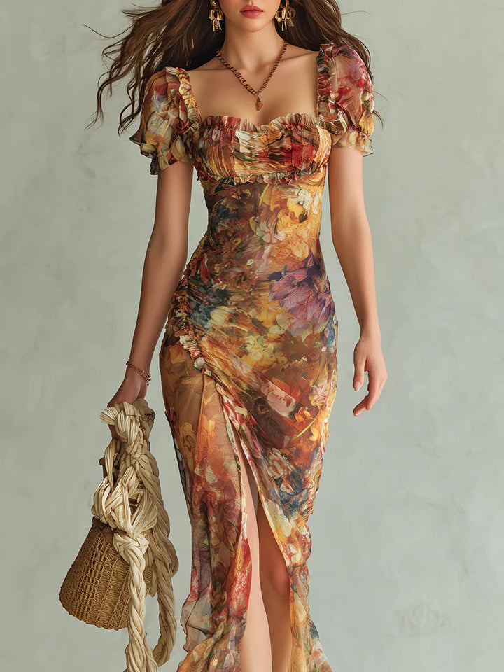 Print of a Bohemian Orange Oil Painting Maxi Dress in Chiffon