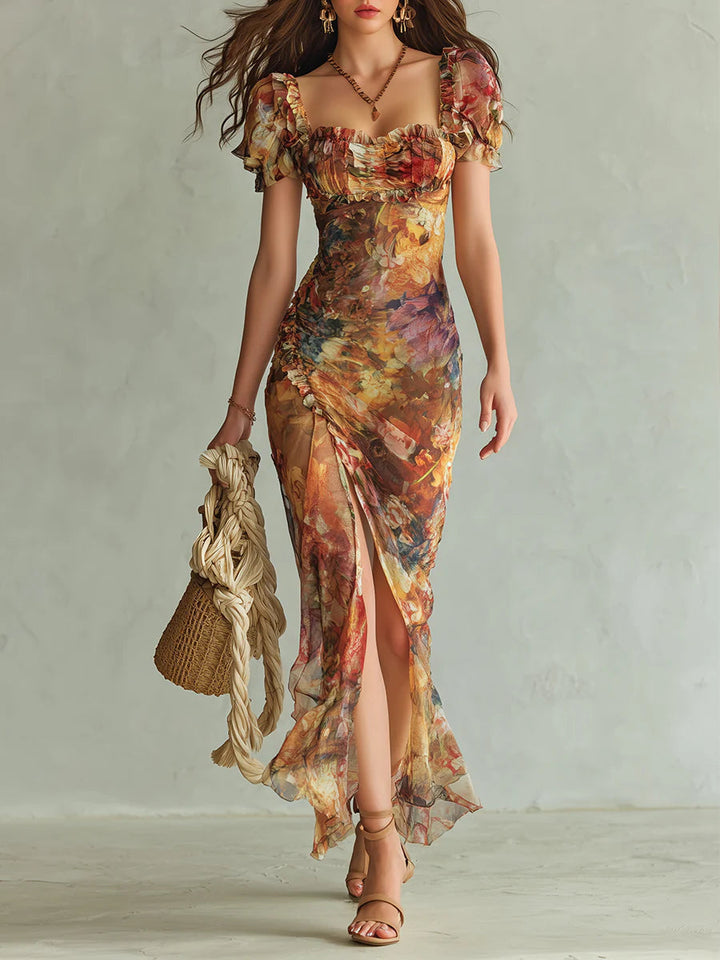 Print of a Bohemian Orange Oil Painting Maxi Dress in Chiffon