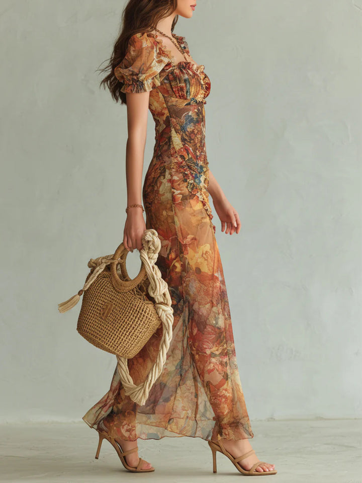Print of a Bohemian Orange Oil Painting Maxi Dress in Chiffon