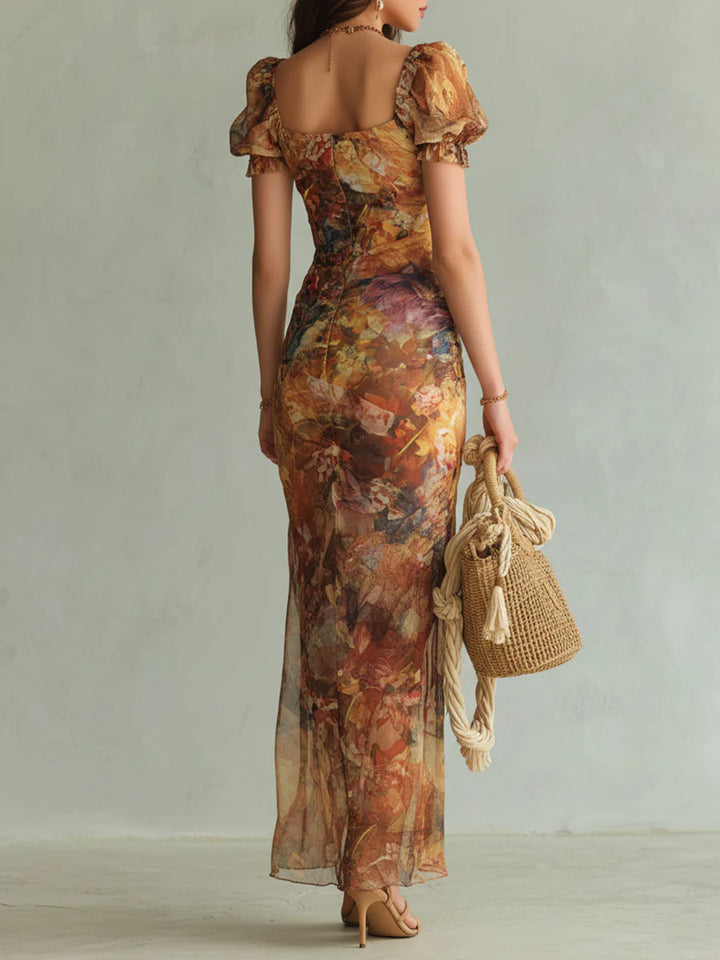 Print of a Bohemian Orange Oil Painting Maxi Dress in Chiffon