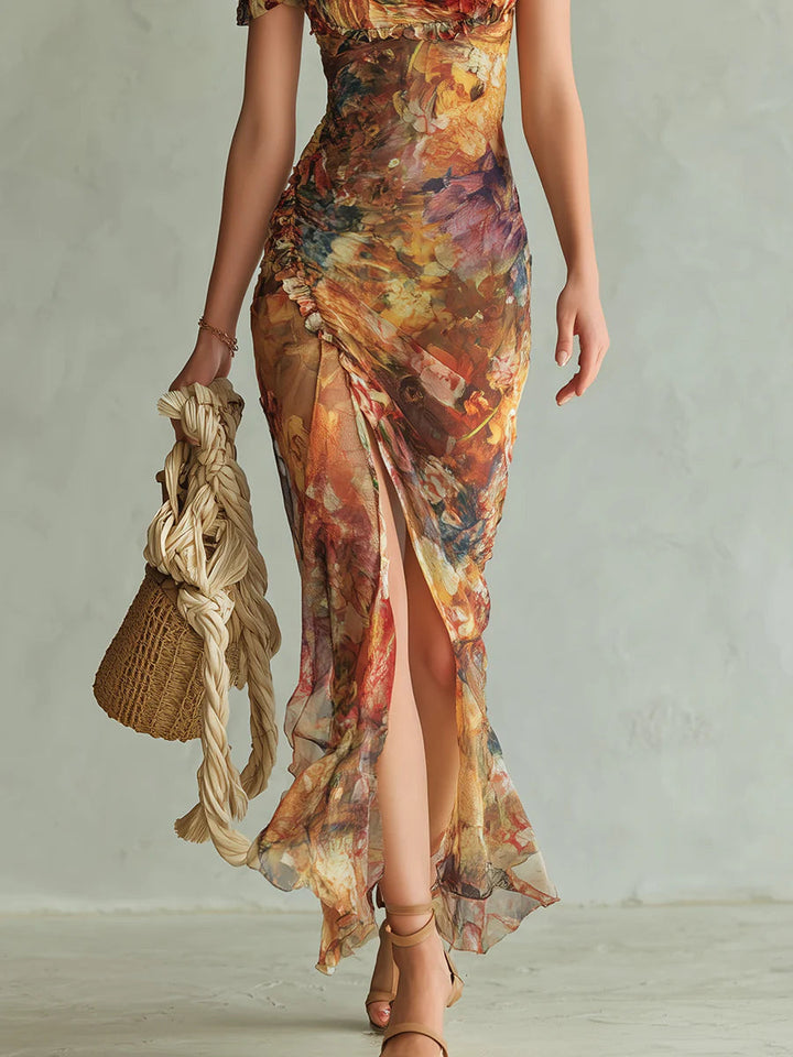 Print of a Bohemian Orange Oil Painting Maxi Dress in Chiffon