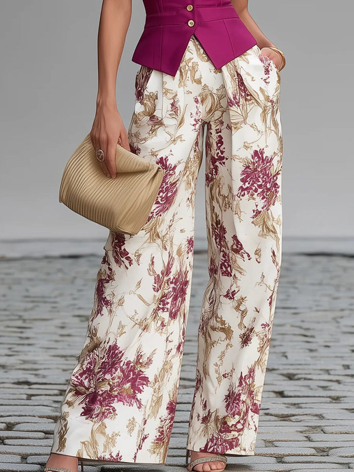 Set of Sleeveless Pink Gilets and Wide-Leg Trousers with Floral Print