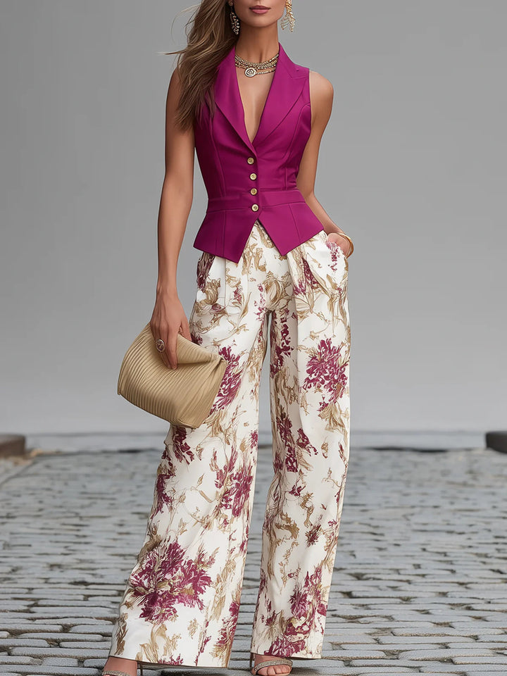 Set of Sleeveless Pink Gilets and Wide-Leg Trousers with Floral Print