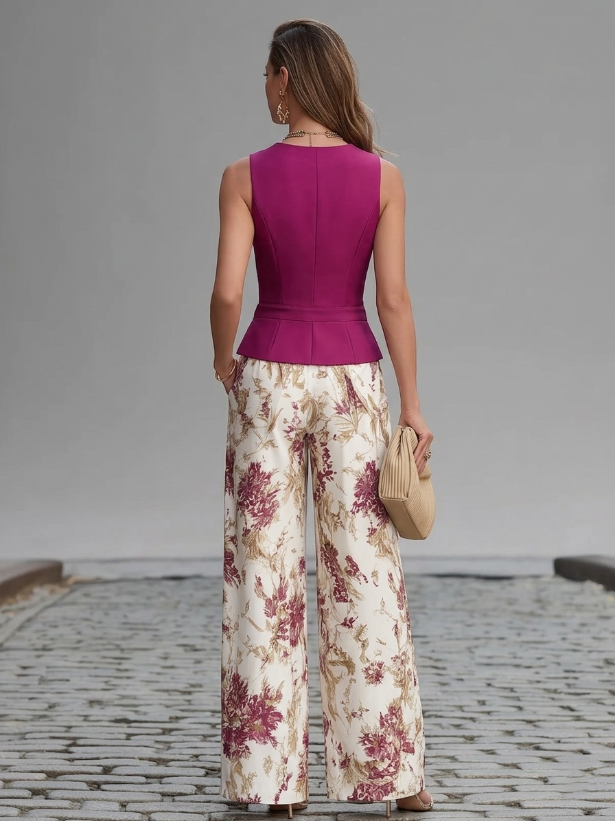 Set of Sleeveless Pink Gilets and Wide-Leg Trousers with Floral Print