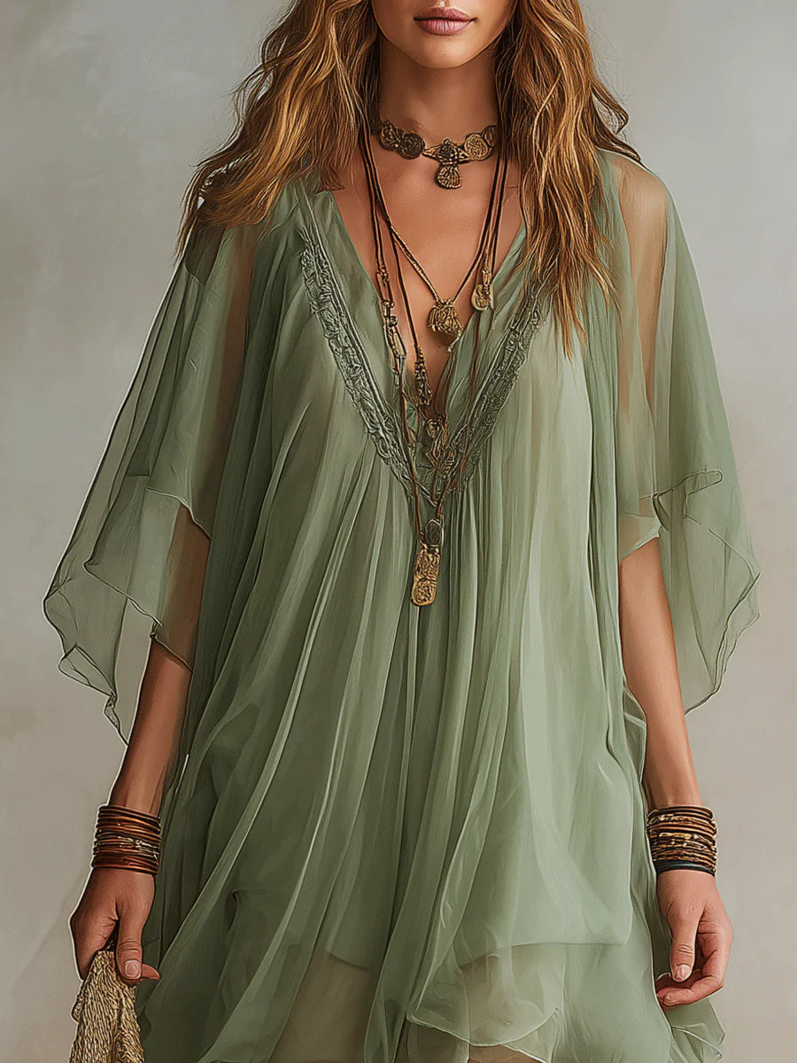 Mini Flowy Chiffon Dress in Green with V-Neck