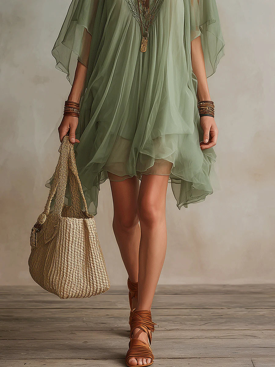 Mini Flowy Chiffon Dress in Green with V-Neck