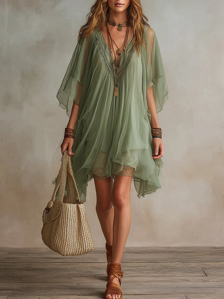 Mini Flowy Chiffon Dress in Green with V-Neck