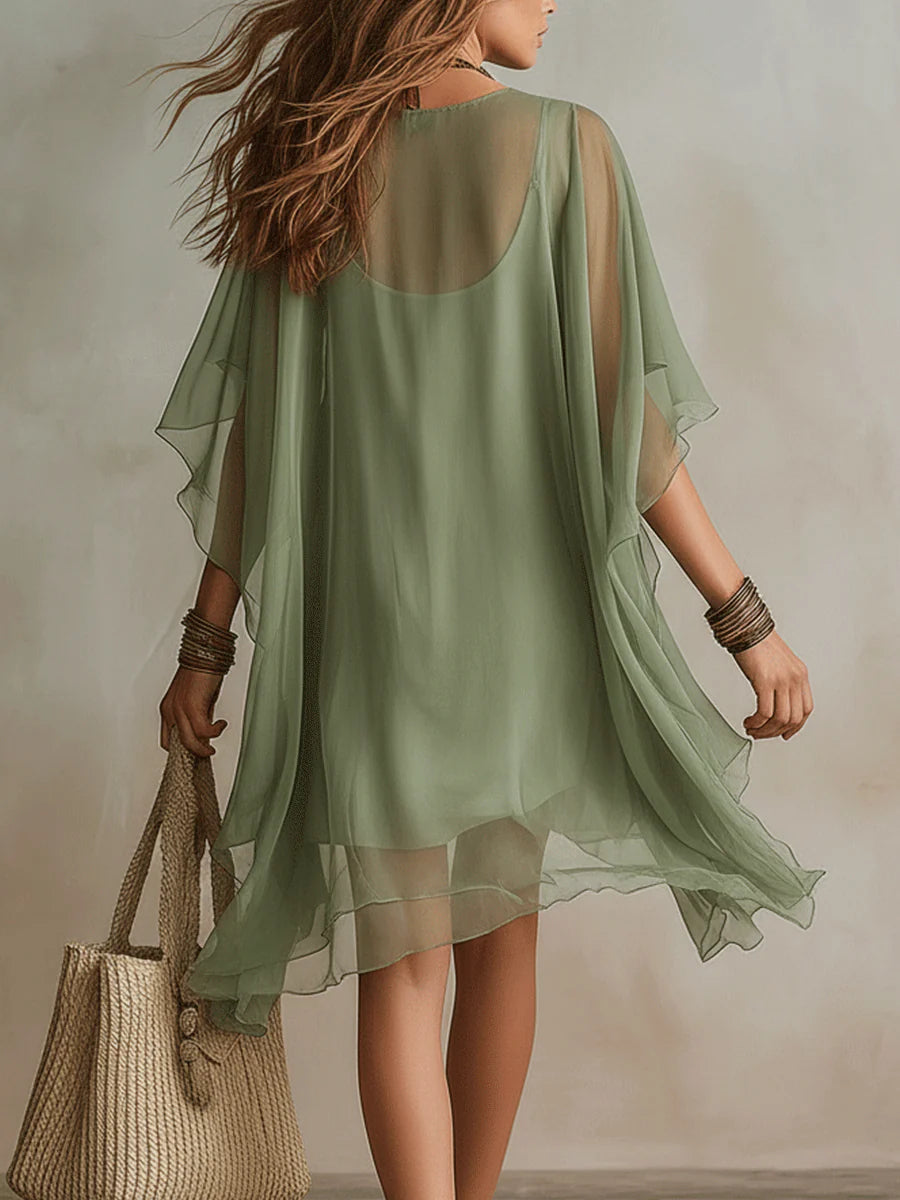 Mini Flowy Chiffon Dress in Green with V-Neck