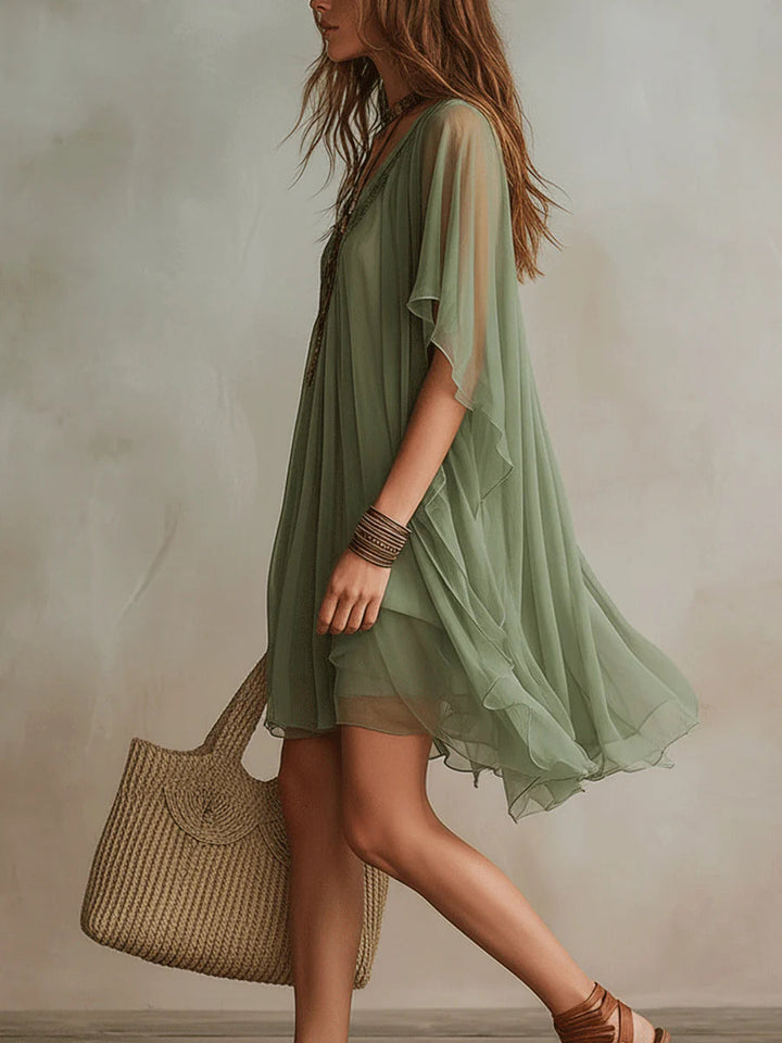 Mini Flowy Chiffon Dress in Green with V-Neck