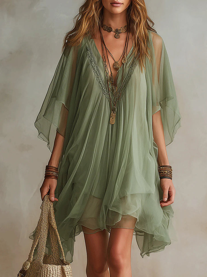 Mini Flowy Chiffon Dress in Green with V-Neck