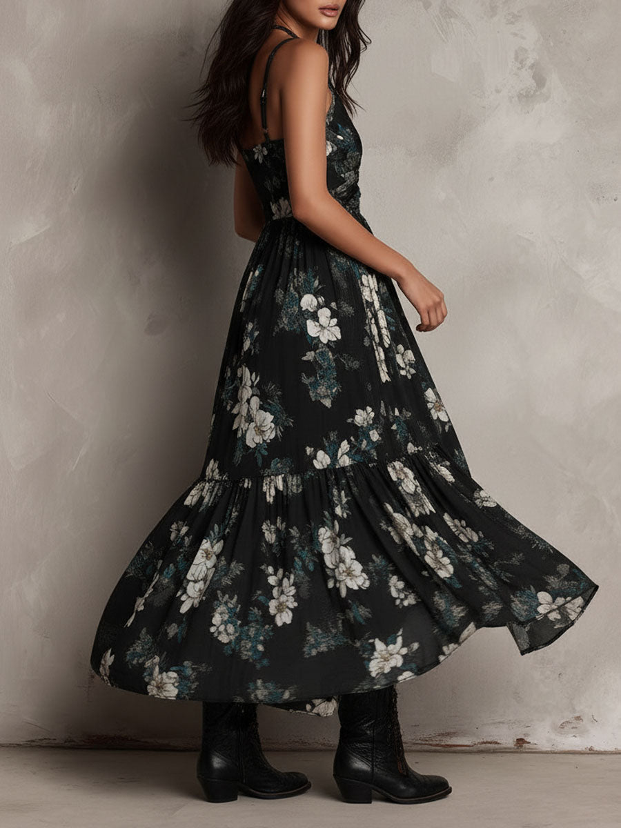 Black Bohemian Floral Print Strapless Maxi Dress