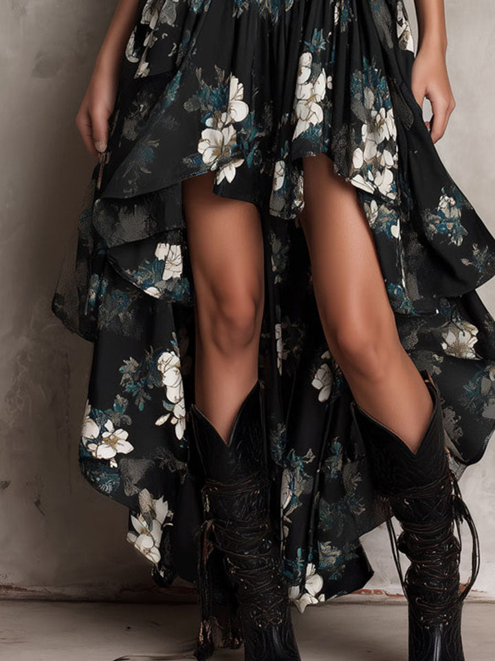 Black Bohemian Floral Print Strapless Maxi Dress