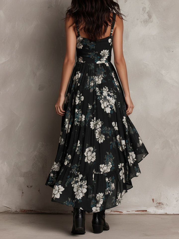 Black Bohemian Floral Print Strapless Maxi Dress