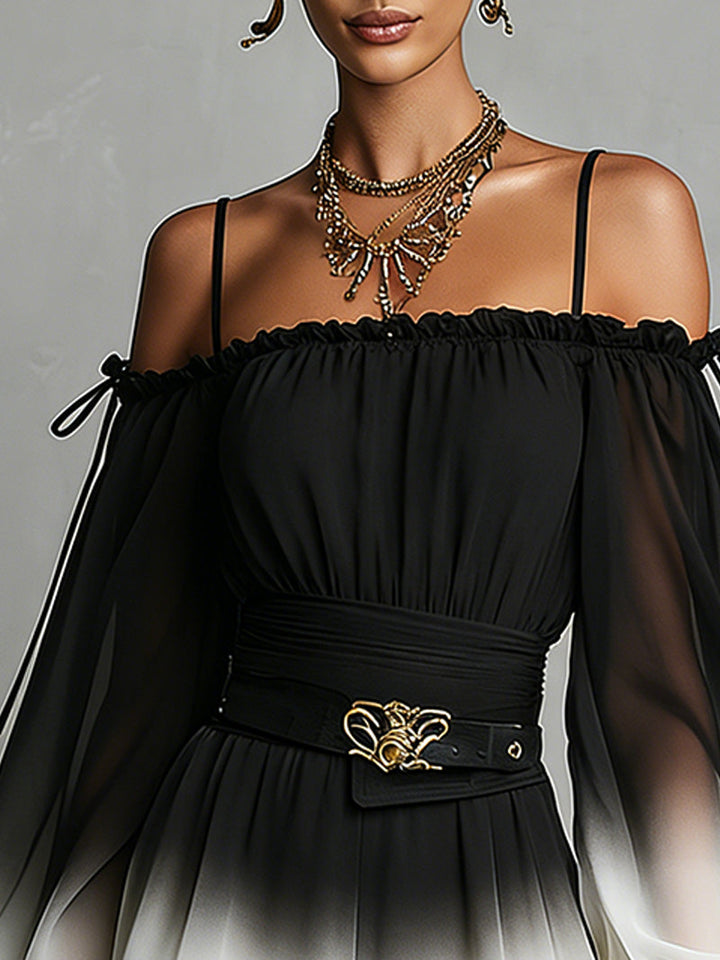Black and White Gradient Chiffon Strapless Jumpsuit (with Belt)