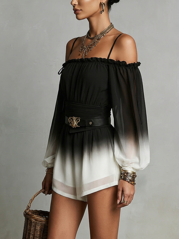 Black and White Gradient Chiffon Strapless Jumpsuit (with Belt)