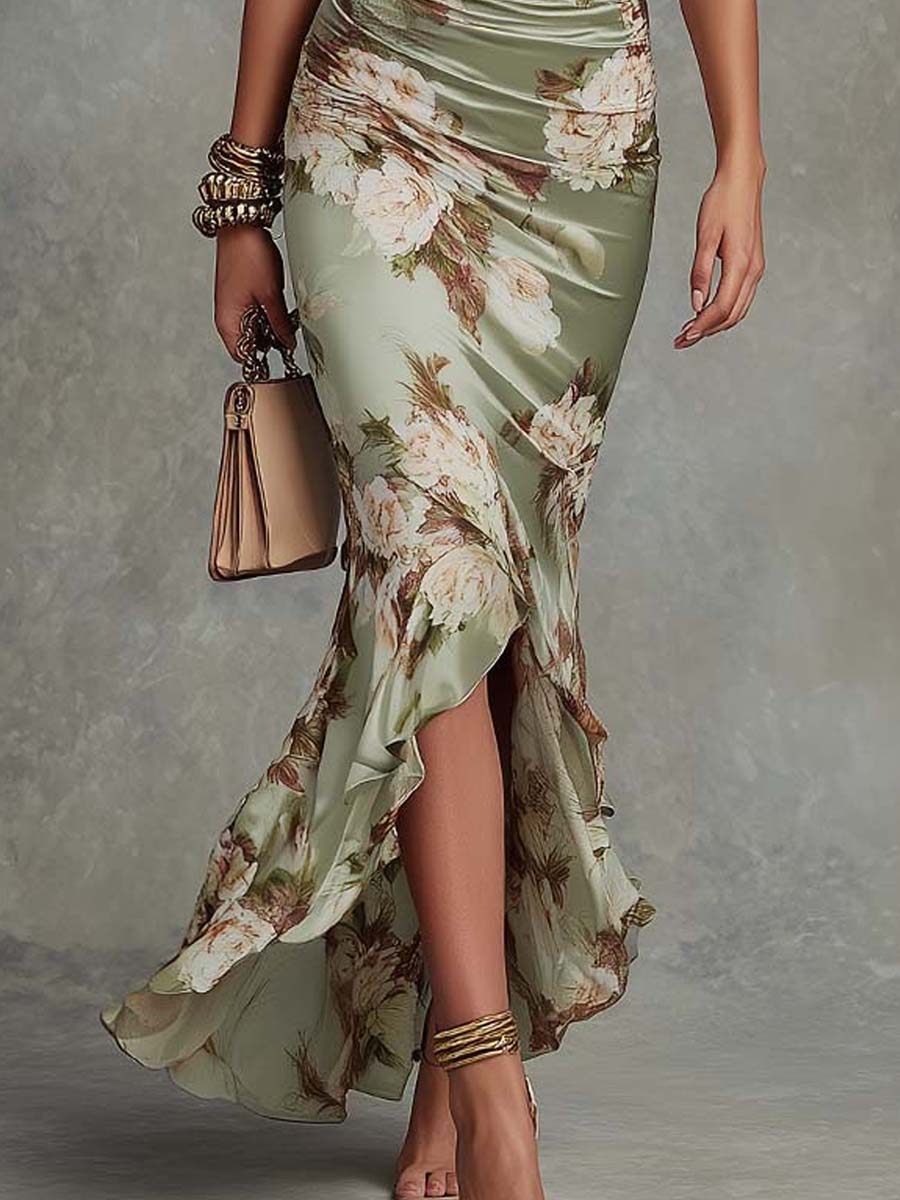 Asymmetric Maxi Dress in Green Satin with Bell Sleeves and V-Neck