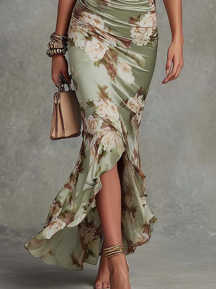 Asymmetric Maxi Dress in Green Satin with Bell Sleeves and V-Neck