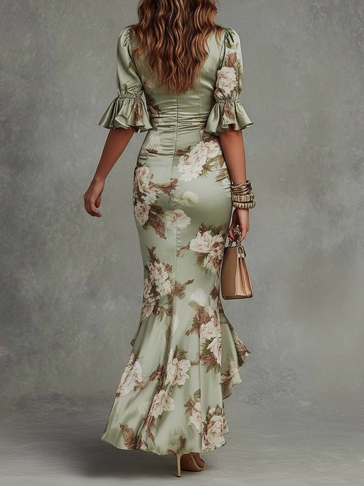 Asymmetric Maxi Dress in Green Satin with Bell Sleeves and V-Neck