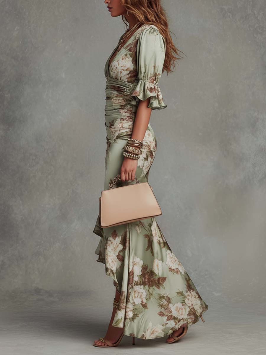 Asymmetric Maxi Dress in Green Satin with Bell Sleeves and V-Neck