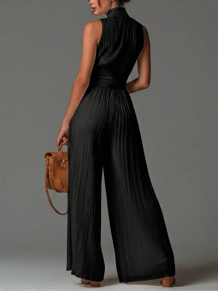 Black Chiffon Sleeveless Jumpsuit with Zip and Wide Leg Pleats