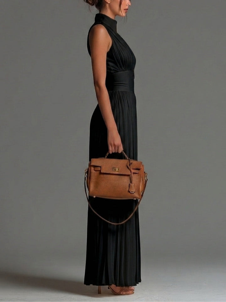 Black Chiffon Sleeveless Jumpsuit with Zip and Wide Leg Pleats