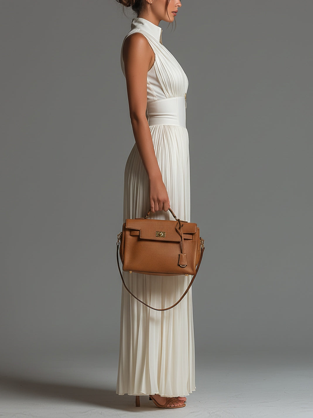 White chiffon sleeveless jumpsuit with V-neck and zip, pleated and wide leg