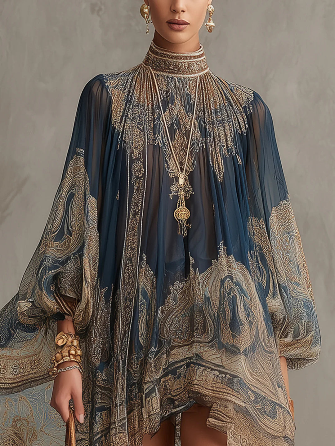 Irregular Mini Chiffon Dress with Navy Blue Baroque Print and High Neck