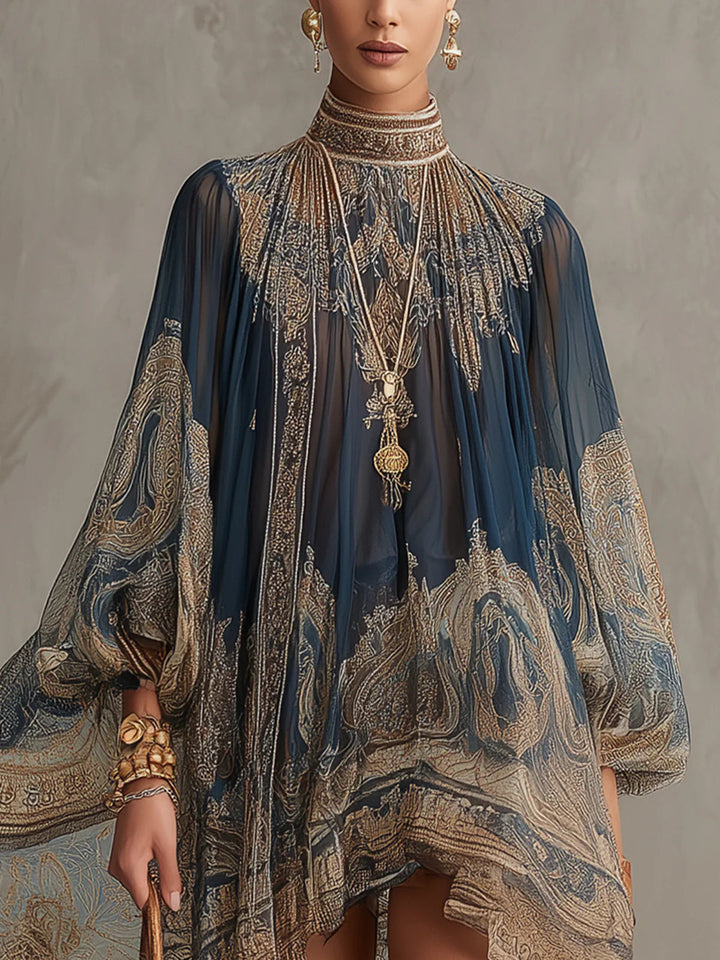 Irregular Mini Chiffon Dress with Navy Blue Baroque Print and High Neck