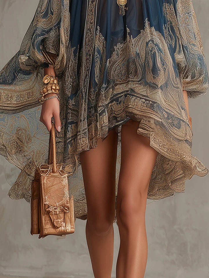 Irregular Mini Chiffon Dress with Navy Blue Baroque Print and High Neck