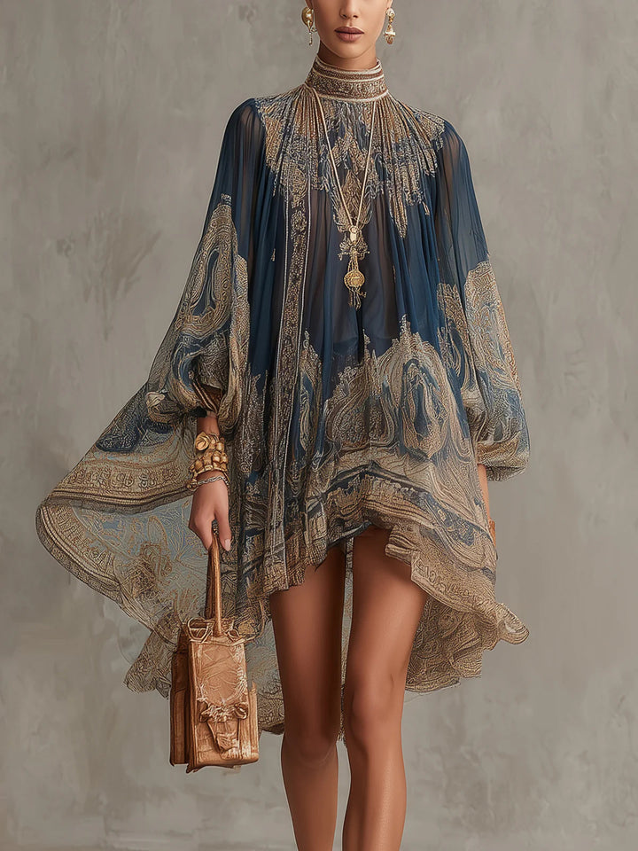 Irregular Mini Chiffon Dress with Navy Blue Baroque Print and High Neck