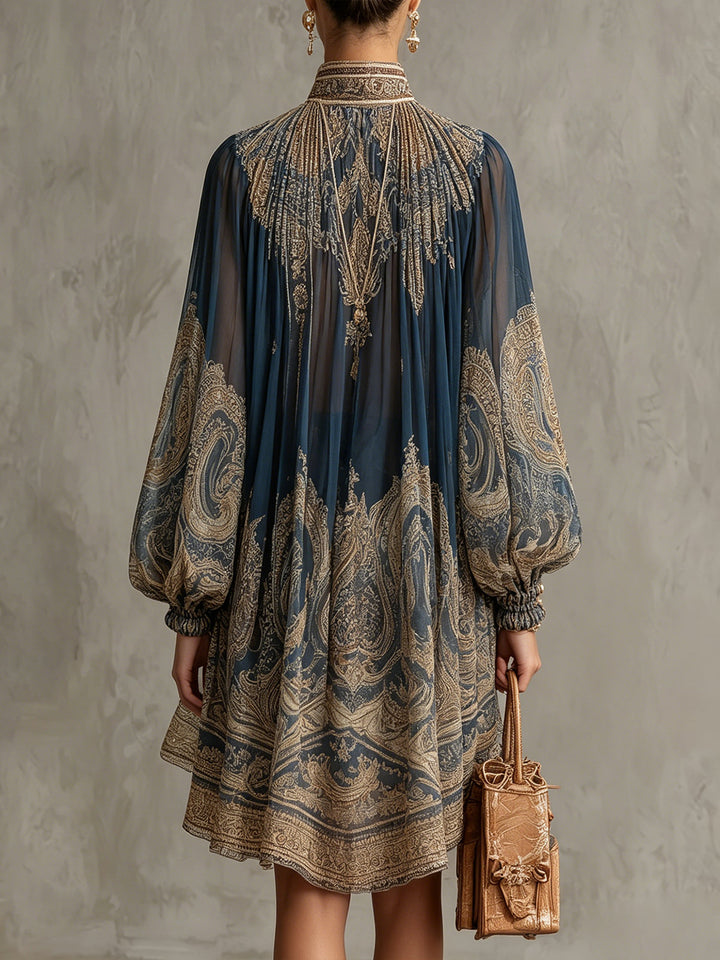 Irregular Mini Chiffon Dress with Navy Blue Baroque Print and High Neck