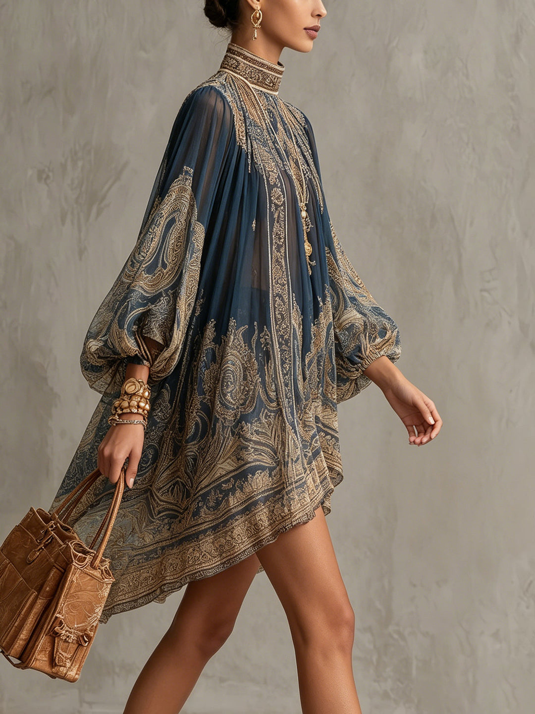 Irregular Mini Chiffon Dress with Navy Blue Baroque Print and High Neck
