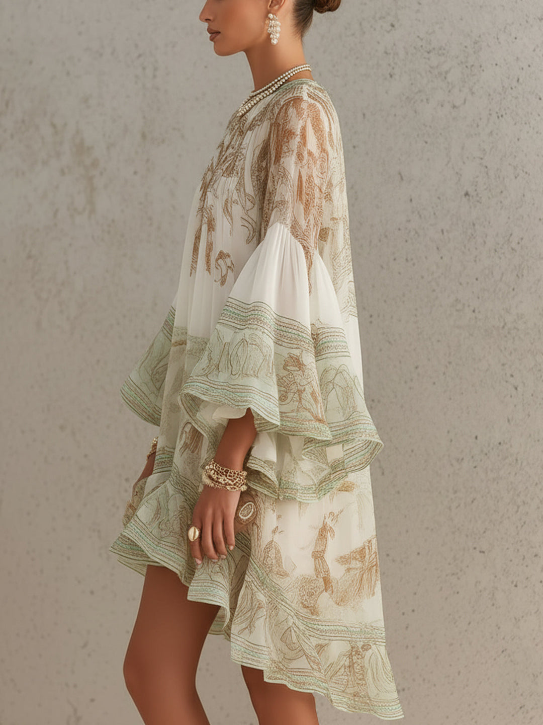 Mini Chiffon Dress with Ruffled Sleeves and Green Striped Hem