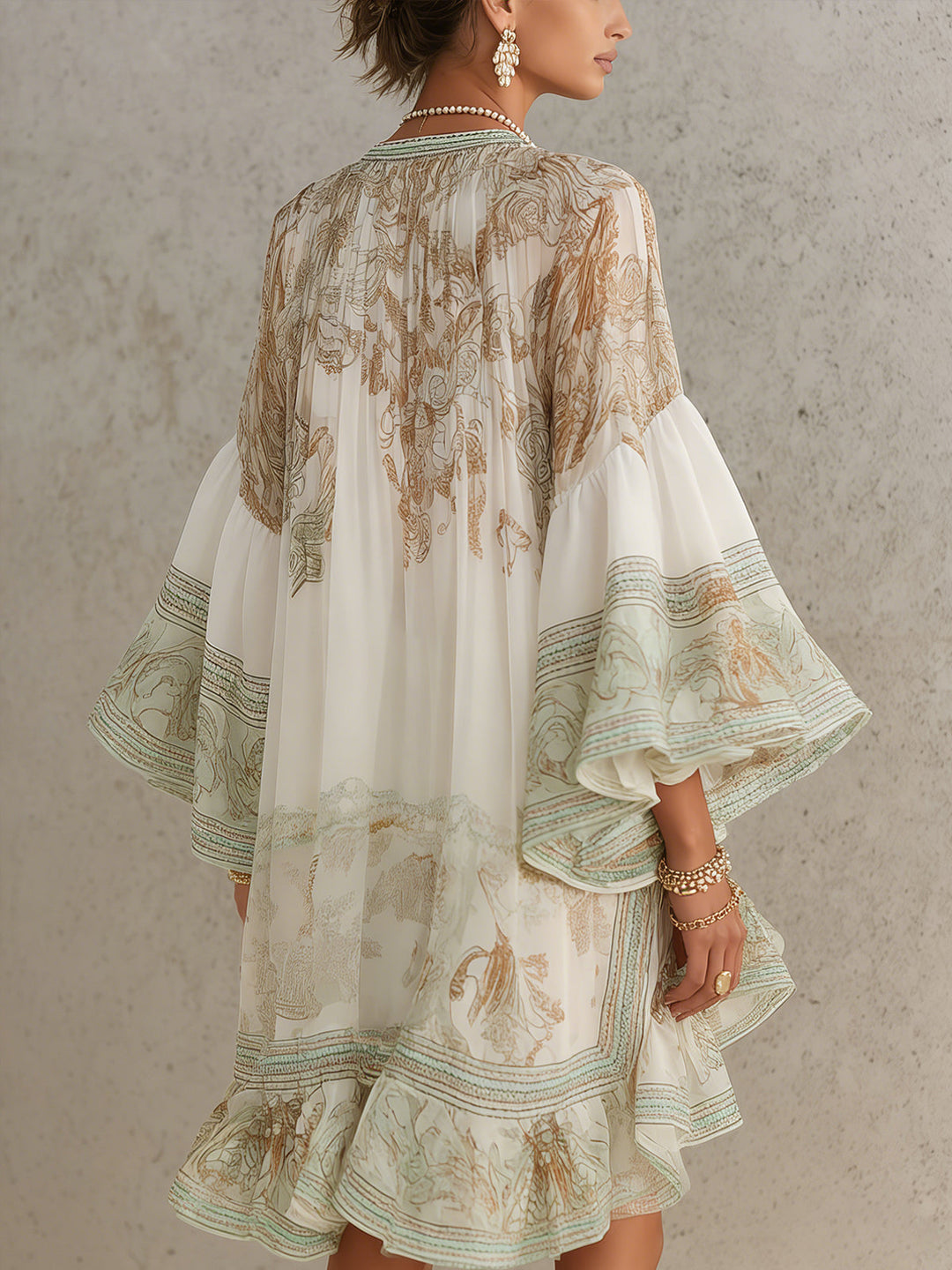 Mini Chiffon Dress with Ruffled Sleeves and Green Striped Hem