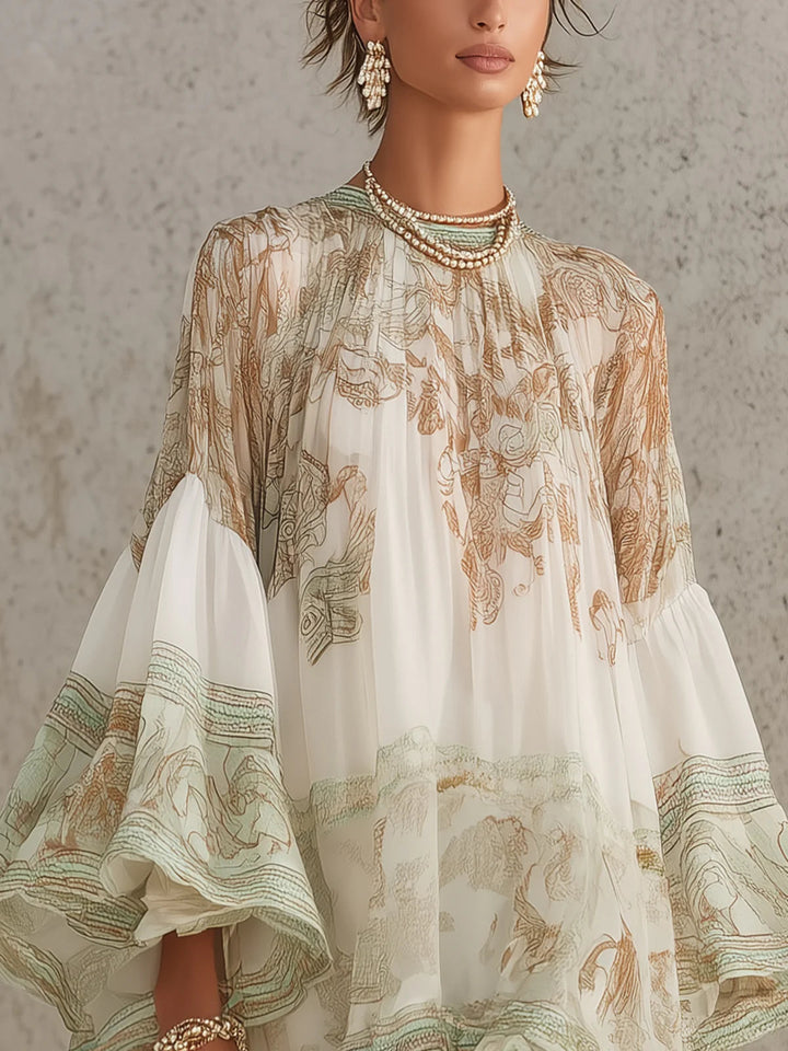 Mini Chiffon Dress with Ruffled Sleeves and Green Striped Hem