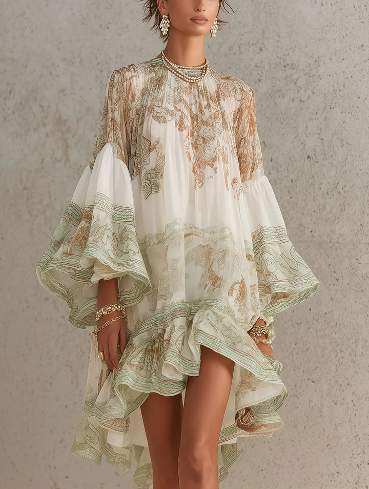 Mini Chiffon Dress with Ruffled Sleeves and Green Striped Hem