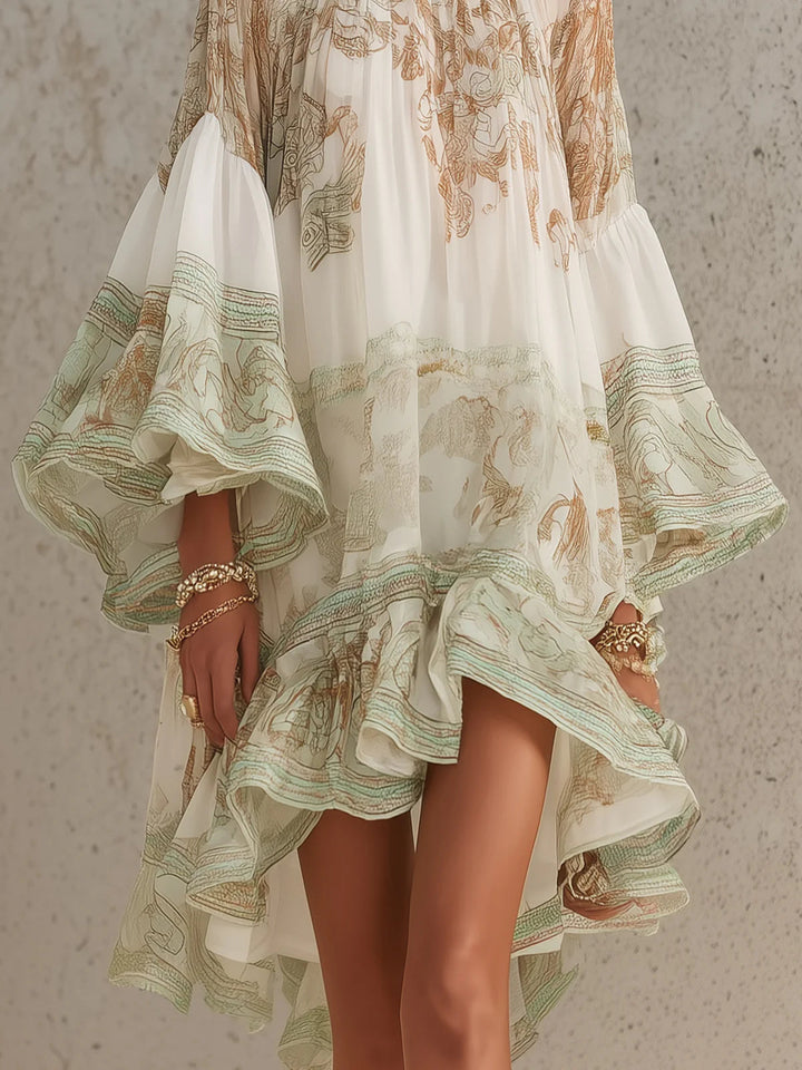 Mini Chiffon Dress with Ruffled Sleeves and Green Striped Hem