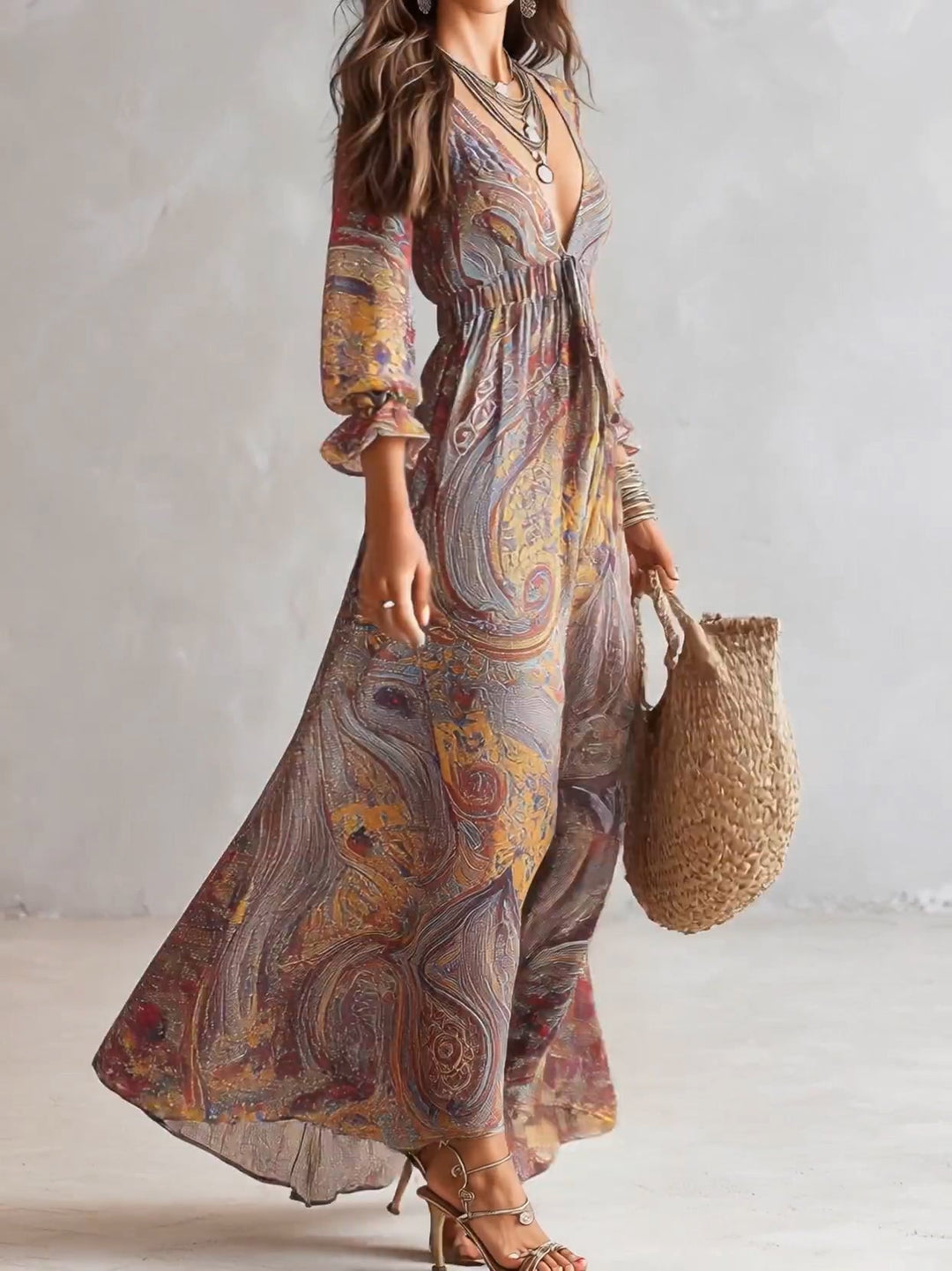 Maxi Chiffon Dress with Paisley Print and V-Neck