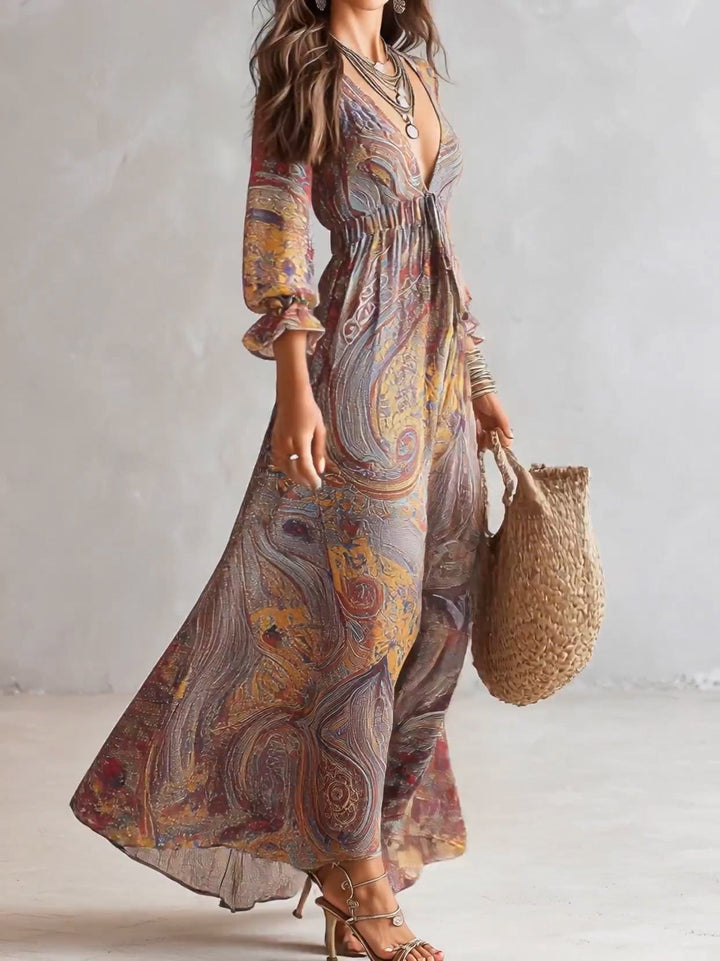 Maxi Chiffon Dress with Paisley Print and V-Neck