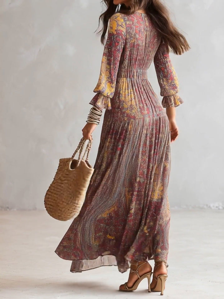 Maxi Chiffon Dress with Paisley Print and V-Neck