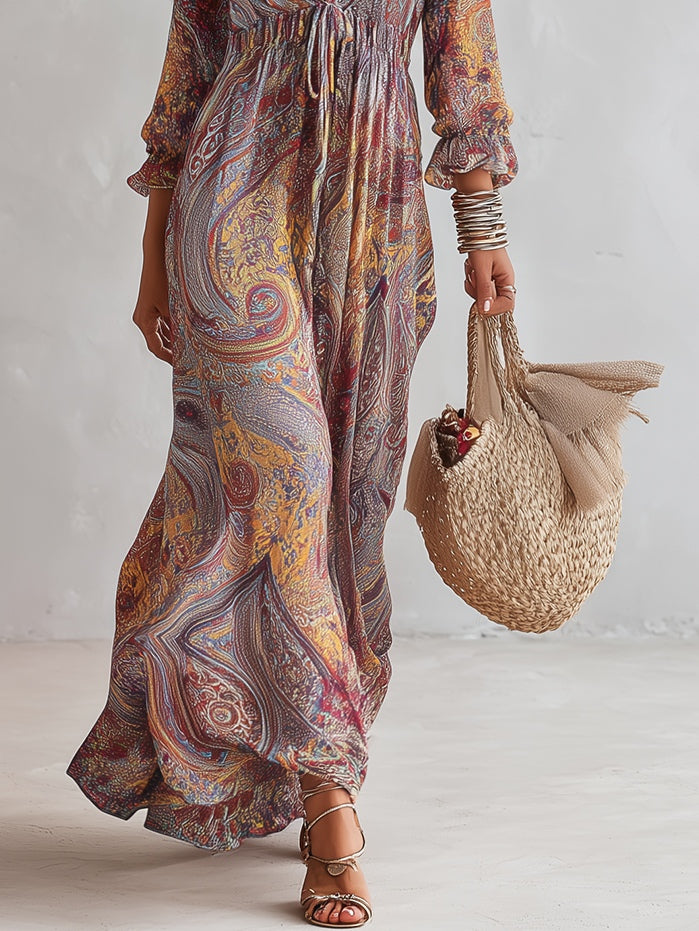 Maxi Chiffon Dress with Paisley Print and V-Neck