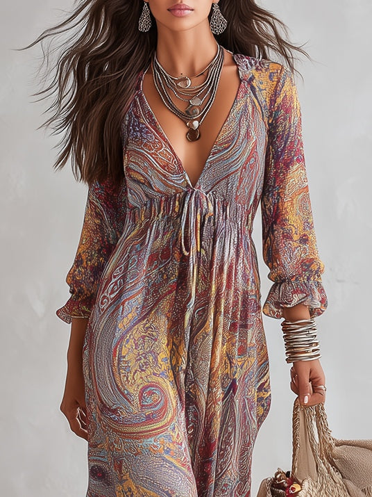 Maxi Chiffon Dress with Paisley Print and V-Neck