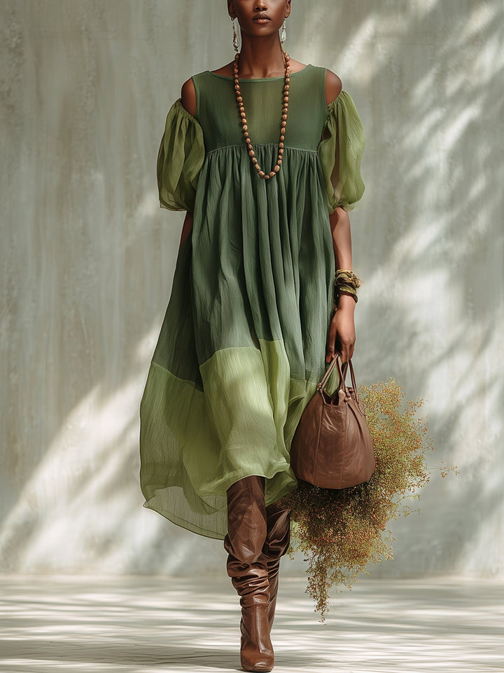 Green Chiffon Midi Dress with Off-the-Shoulder and Short Sleeves