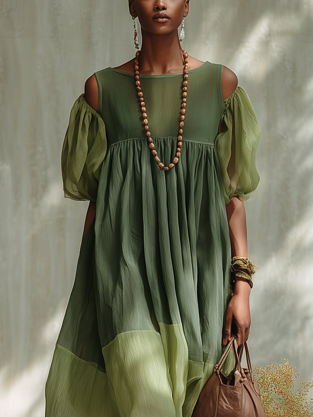 Green Chiffon Midi Dress with Off-the-Shoulder and Short Sleeves