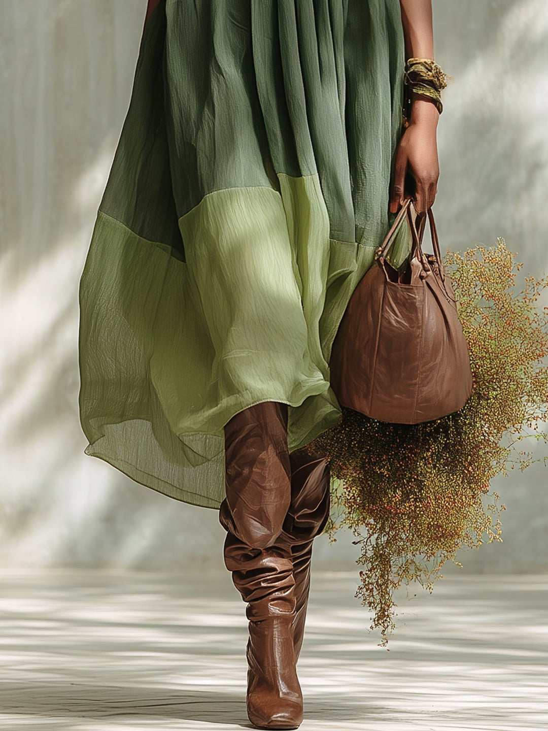Green Chiffon Midi Dress with Off-the-Shoulder and Short Sleeves