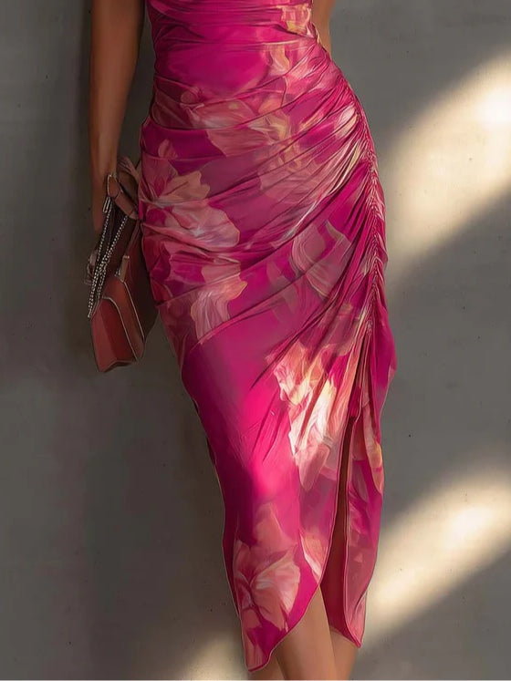 Sleeveless Bodycon Dress with Fuchsia Floral Print