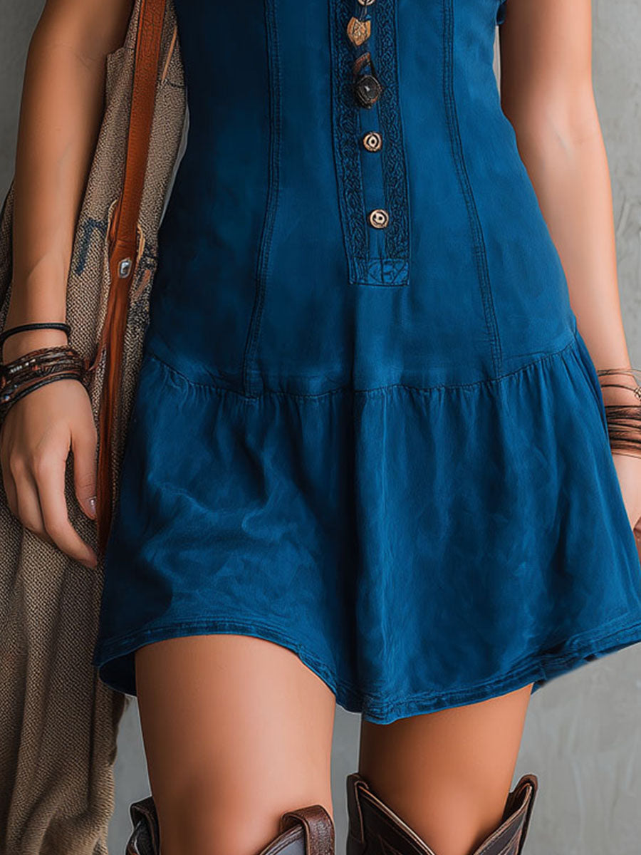 Sleeveless Mini Dress with V-Neck and Buttons in Indigo Bohemian