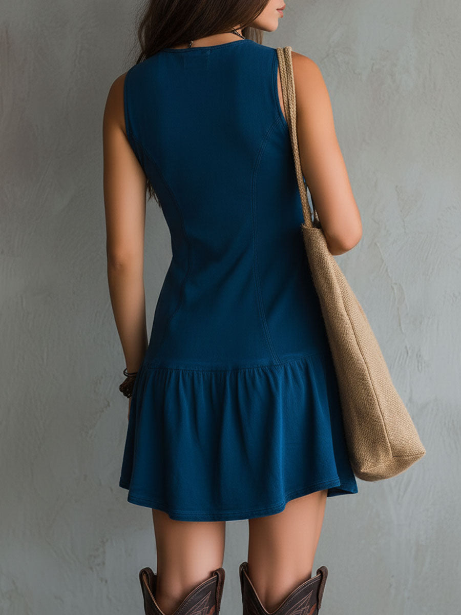 Sleeveless Mini Dress with V-Neck and Buttons in Indigo Bohemian